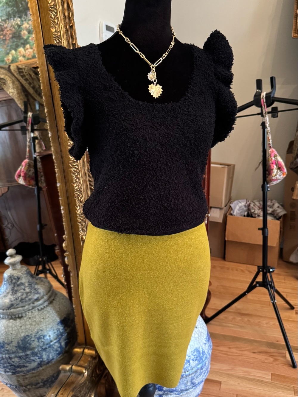 POL Black Ruffle-Sleeve Top with Olive Pencil Skirt